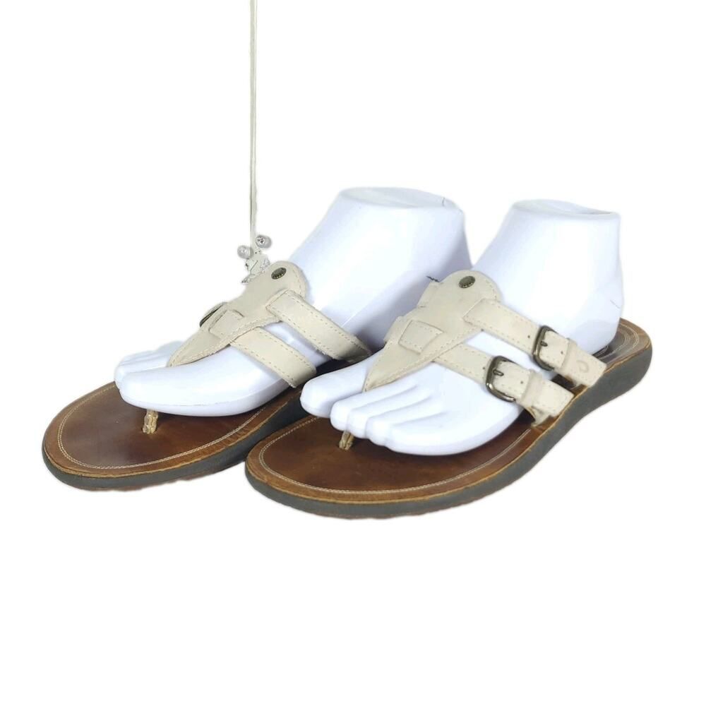 OLUKAI Women's Hanoka'a US9 Off White Leather Embroidered T Strap Thong Sandals